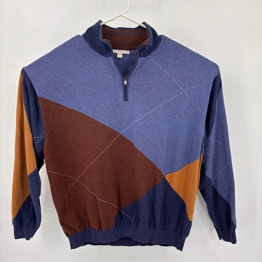 Cutter & Buck Quarter Zip Sweater Mens 2XB Blue Brown Cotton Colorblock EUC